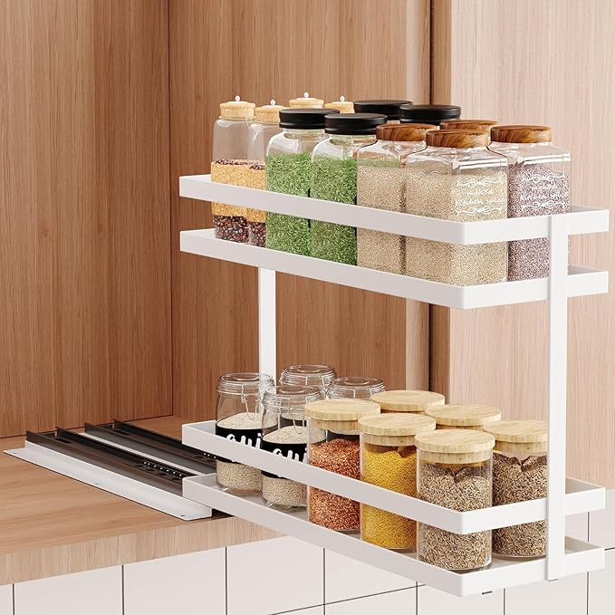 Pull Out Spice Rack Organizer for Cabinet, 2 Tier Metal Slide Out Seasoning by MUSTORN
