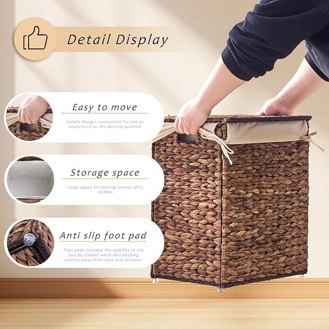 Handwoven Laundry Basket with Lid, Natural Water Hyacinth Storage Basket with - Image 5