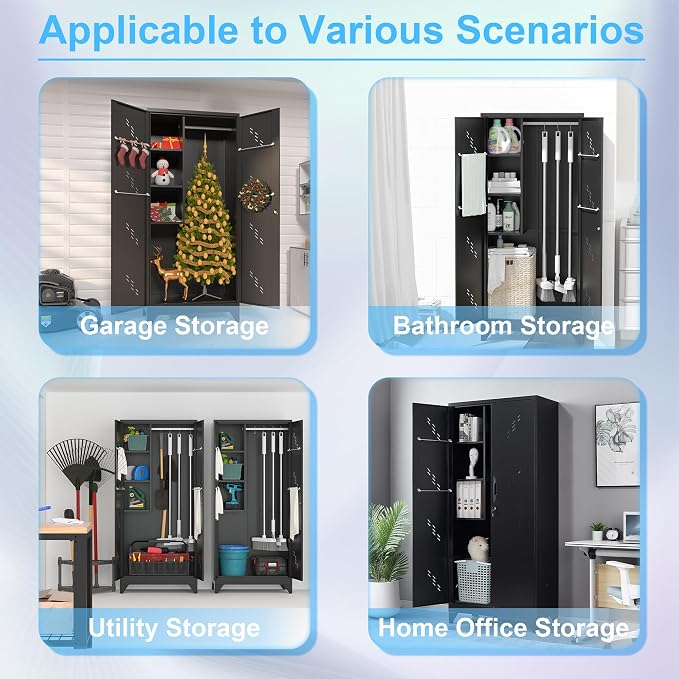 Metal Storage Cabinet with Lock Door, Broom Closet Bathroom Storage Cabinet - Image 4