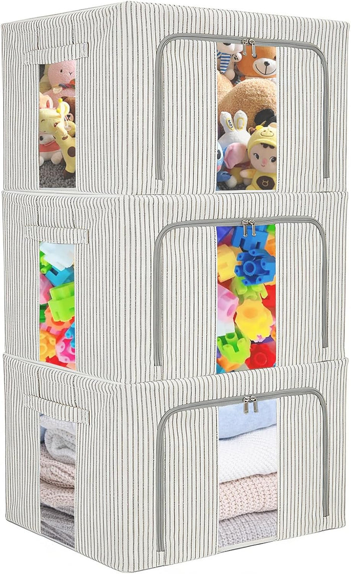 3 Pack Clothes Storage Bins, Foldable Metal Frame Storage Box with Lids,Stackable Linen Fabric Organizer Set with Carrying Handles,Zippers,and Clear Window (Grey Stripe, 66L)