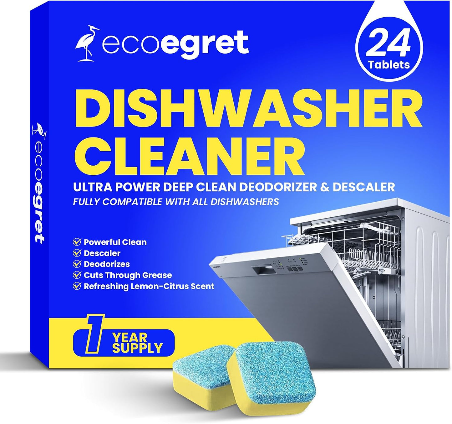 Dishwasher Cleaning Tablets (24 Count) - with Fresh Lemon Scent Dishwasher Cleaner and Deodorizer, Deep Cleans & Descales, Fits All Dishwashers, Septic Safe, 12 Month Supply