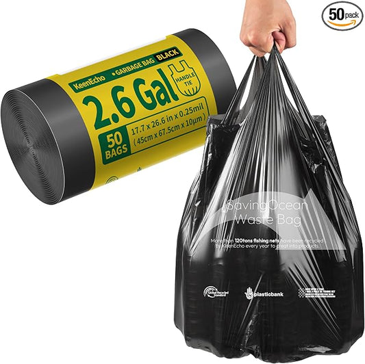 Small Trash Bags with Handles 2.6 Gallon 50 Count Black by KeenEcho