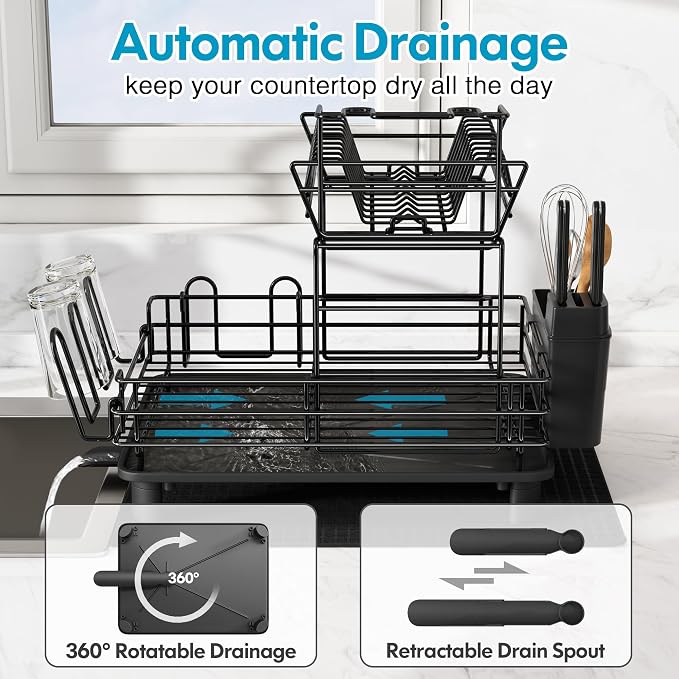 JASIWAY 2 Tier Black Large Stainless Steel Dish Drainers Drying Rack - Image 2
