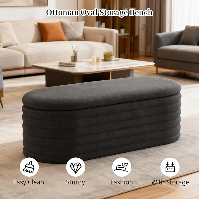 Storage Ottoman Bench, Upholstered Fabric Storages Benches End of Bed Stool - Image 4