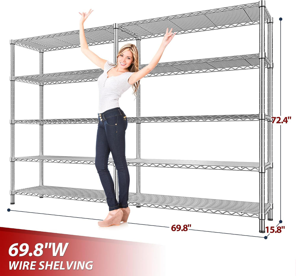 REIBII 69.8" W Storage Shelves 1510LBS Wire Shelving Unit 5 Tier Metal S...