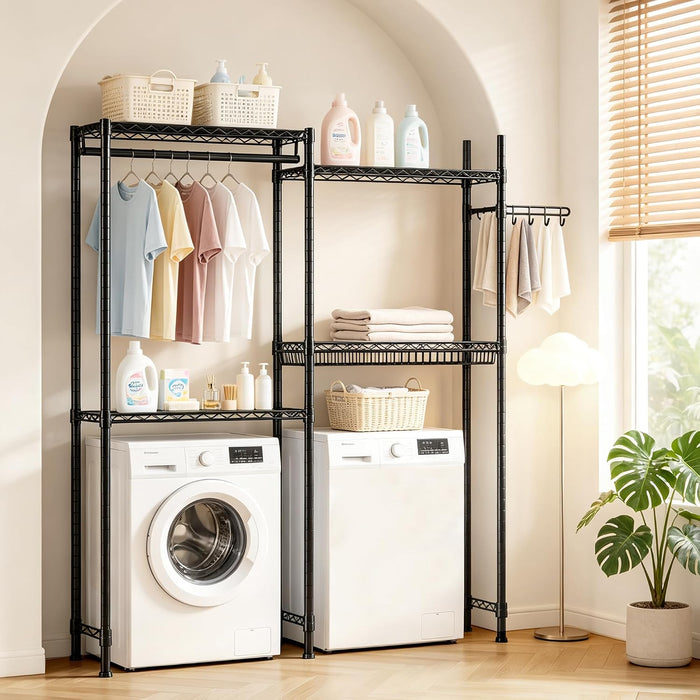 Over Washer and Dryer Laundry Shelves, 4-Tier Heavy Duty Clothes Drying Rack with Wire Basket & Rotating Side Hook, Adjustable Laundry Room Storage Organizer for Washing Machine and Dryer