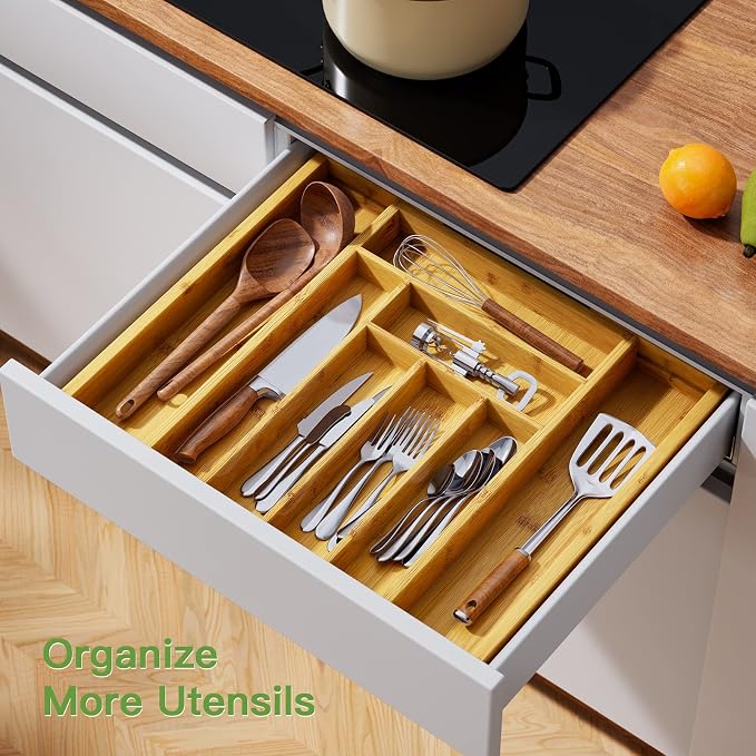 Pipishell Bamboo Silverware Organizer, Expandable Cutlery Tray, Utensil Drawer - Image 2