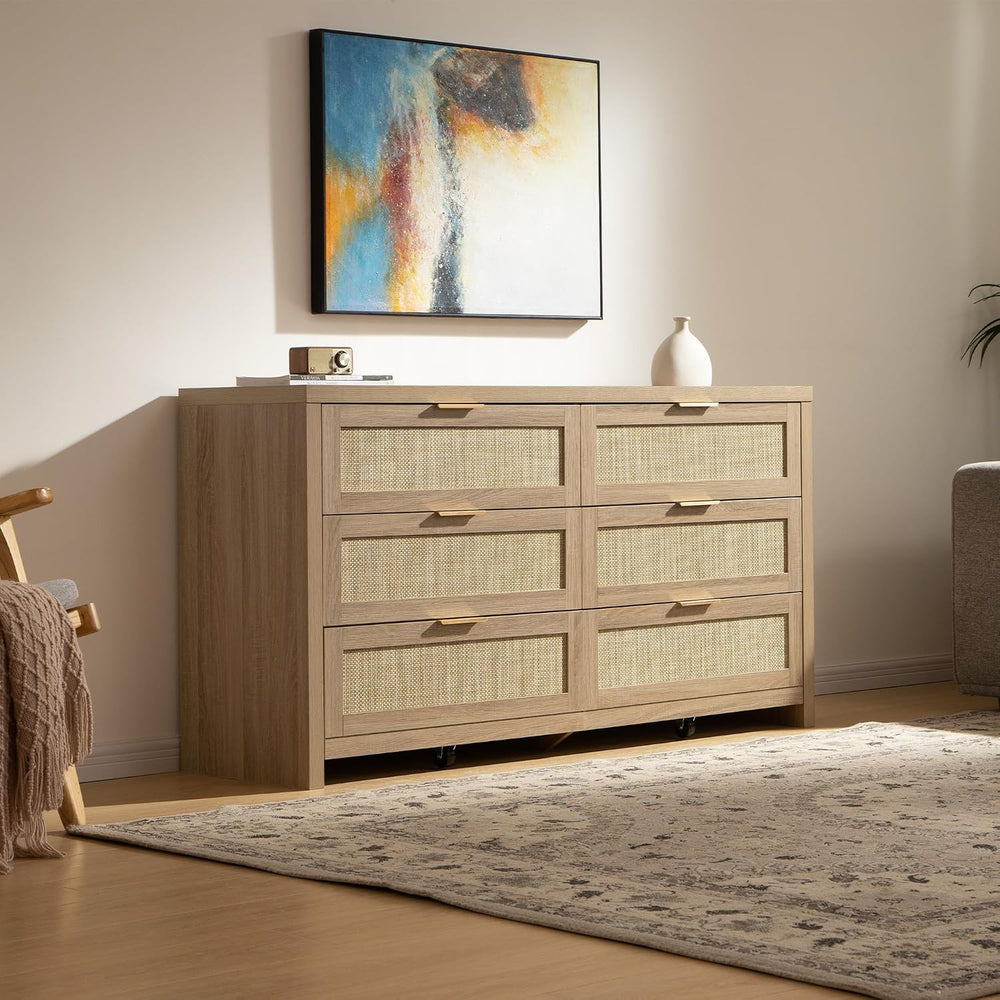 SICOTAS Rattan Dresser for Bedroom, 57" Wide 6 Drawer Dresser