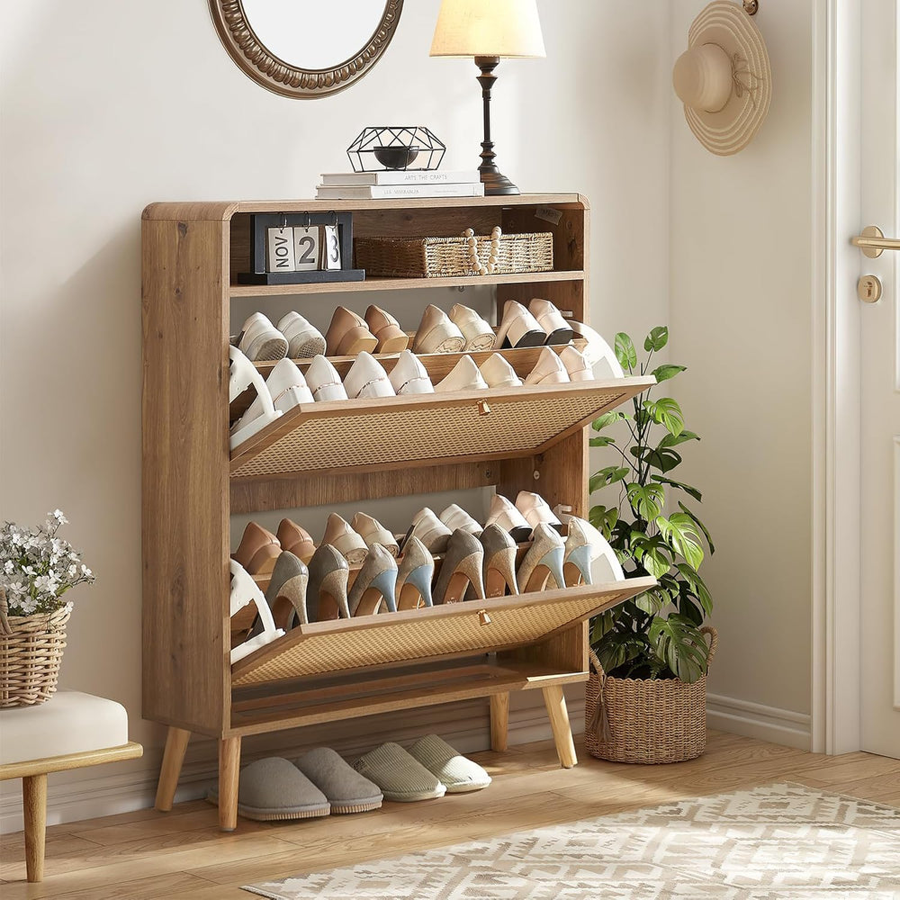 Hommoo Rattan Shoe Storage Cabinet with 2 Flip Doors, Wood Narrow Shoes Cabin...