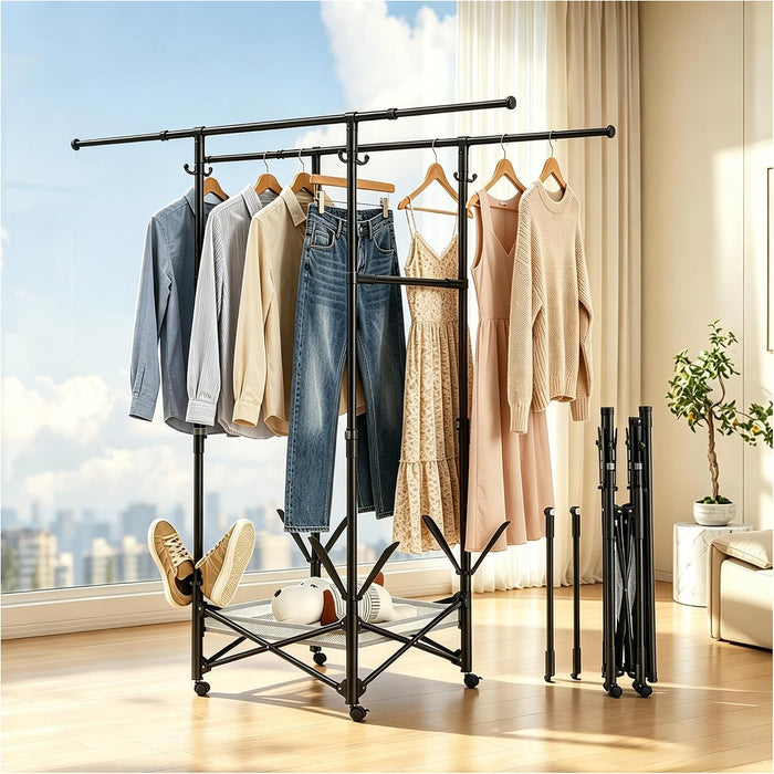 Foldable Collapsible Rolling Clothes Drying Rack,Adjustable Double Rods Laundry Airer(33.1–56.7"),Carbon Steel Pipe Standing Garment Rack for Indoor Outdoor Laundry Room (Black, B)