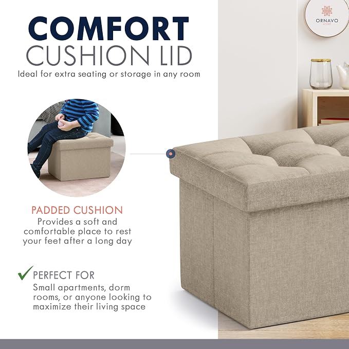 Ornavo Home Small Storage Ottoman, Foldable Collapsible Rectangle Linen Ottoman - Image 7