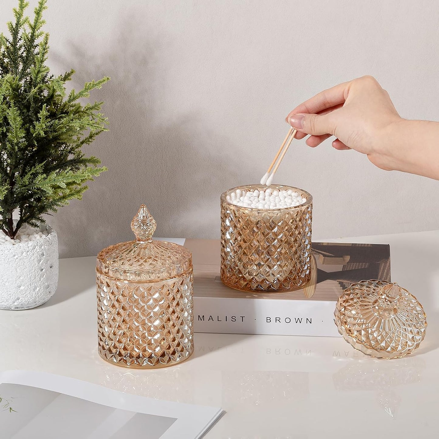 2 Pack Qtip Holder Apothecary Jars with Lid, Thick Glass, Amber | Bathroom Canisters Storage Organizer for Cotton Swabs, Balls, Pads, Floss Picks, Candy, Jewelry, Bathroom Decor