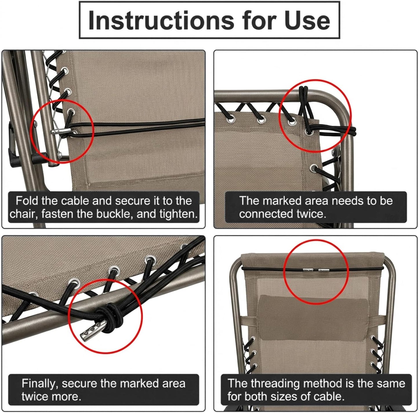 Heavy Duty Replacement Bungee Cords, 4 Pack Elastic Straps Repair Kit for Zero Gravity Chairs, Patio Recliners, Lounge, Lawn and Beach Furniture