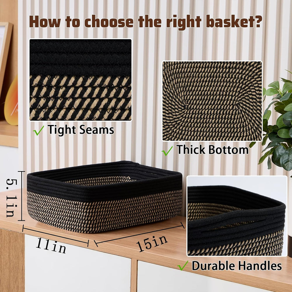 MiniArk Large Shallow Organizing Baskets 15x11x5.1 Inches - Rope Woven Storag...