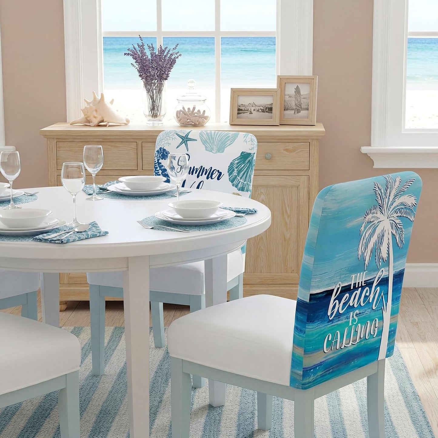 FuWeave 6 Pcs Summer Beach Chair Covers Blue Ocean Coastal Chair Back Covers Decorative Starfish Coral Seat Protector Washable Nautical Dining Room Slipcovers for Farmhouse Hotel Kitchen Decor