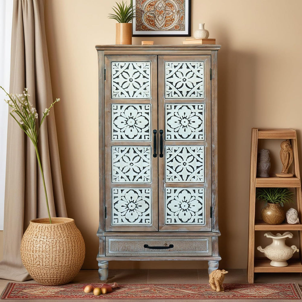 French Country Side Cabinet - Vintage 2 Door Wood Cabinet with Storage, Accen...