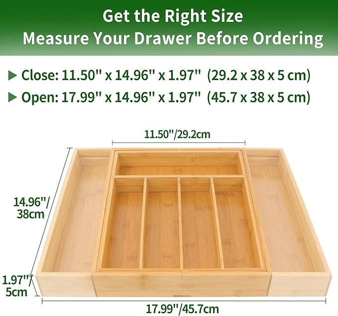 VaeFae Bamboo Drawer Organizer, Expandable Silverware Drawer Organizer - Image 3