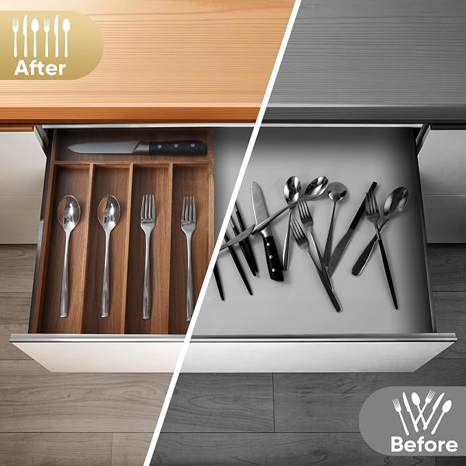Silverware Organizer, 10 Inch Utensil Organizer Kitchen Drawer Organizer Acacia - Image 4
