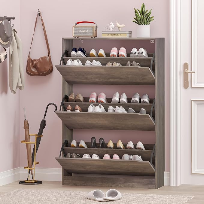 Shoe Cabinet with 3 Flip Drawers, Hidden Wood Shoe Cabinet, Freestanding Shoe - Image 7