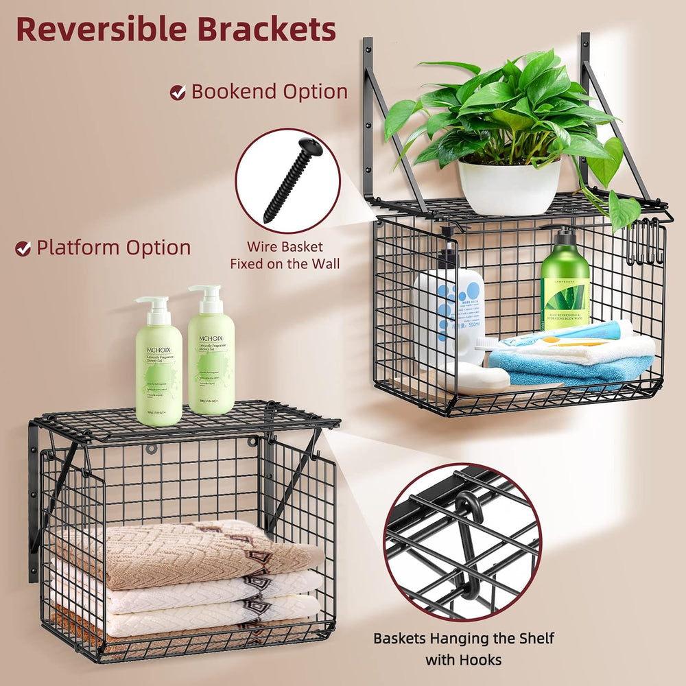 3IngSeagulls 2 Pack Laundry Room Shelves, Wire Baskets with 8 Hooks, Over Was...