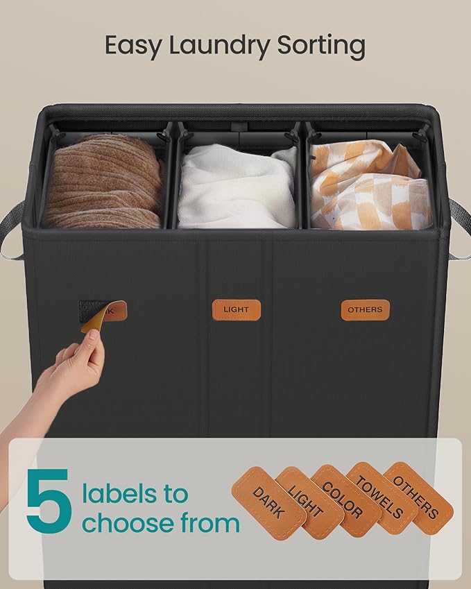 SONGMICS 42.2 Gallon Laundry Hamper, 3-Compartment Laundry Basket Sorter - Image 4