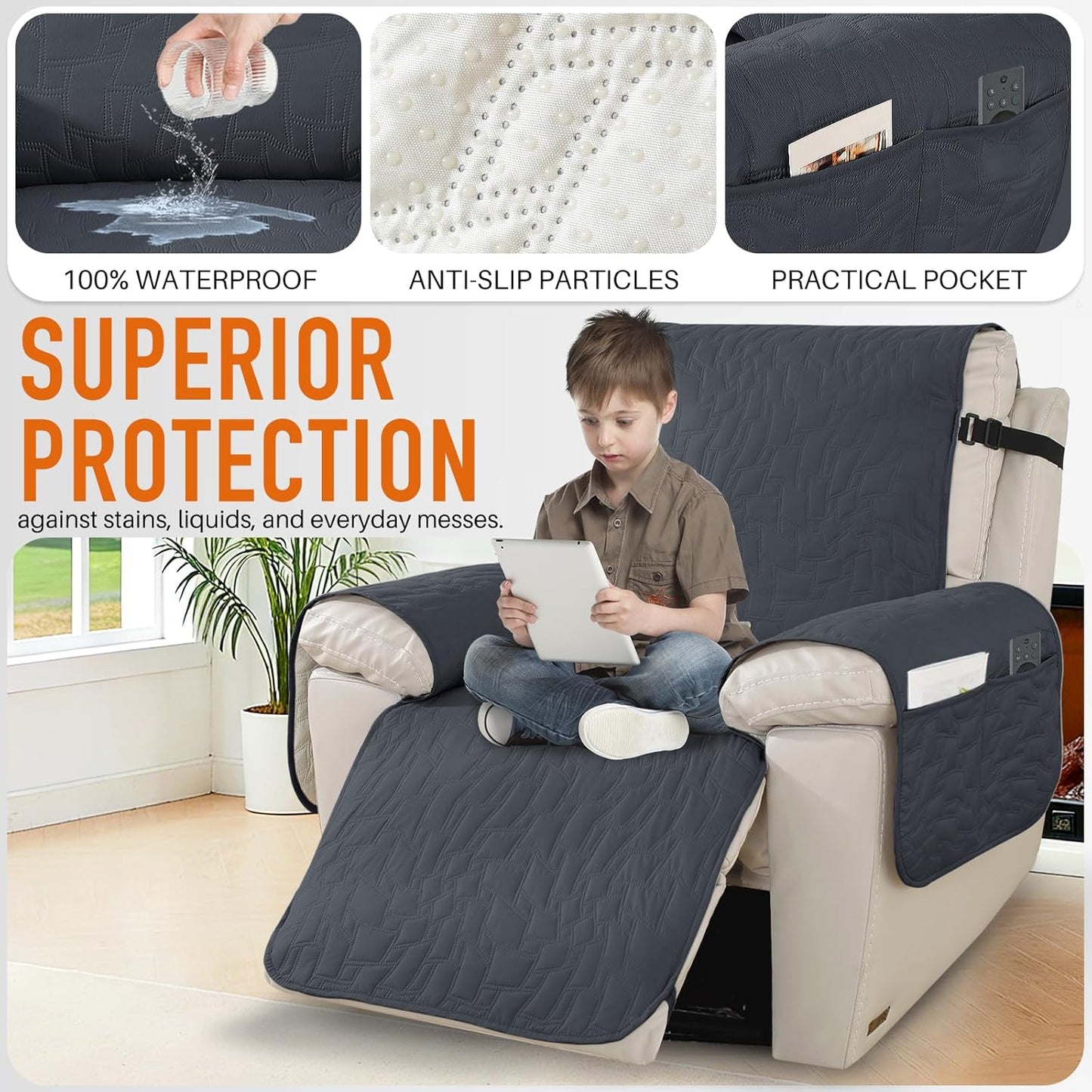 100% Waterproof Recliner Chair Covers,Non-Slip Chair Cover Dog Furniture Protector Recliner Covers Washable Slipcover with Pocket,Elastic Straps for Pets,Dogs,23.6",Dark Gray