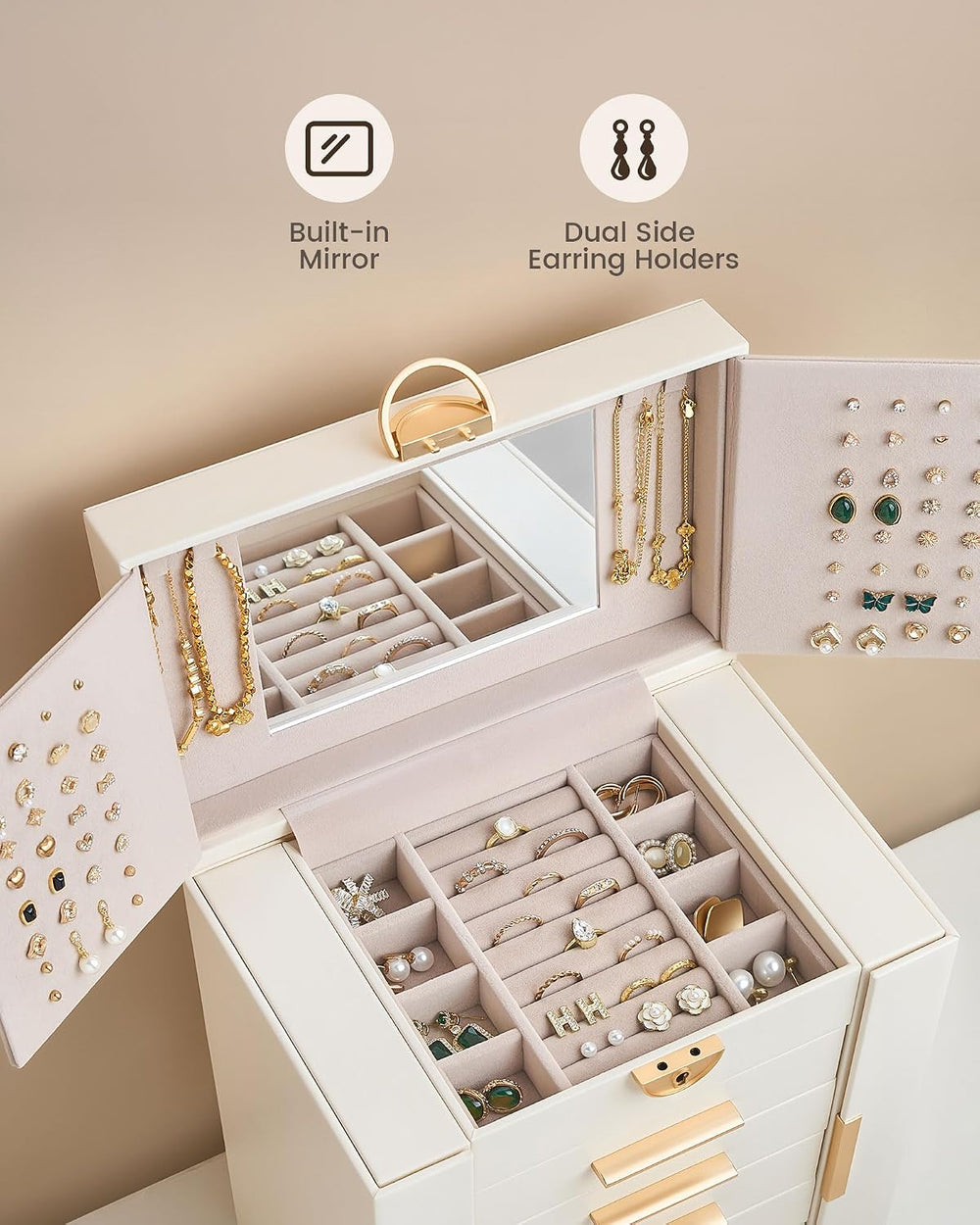 Lolalet Large Jewelry Box, 6-Layer Jewelry Organizer with 5 Drawers -Beige