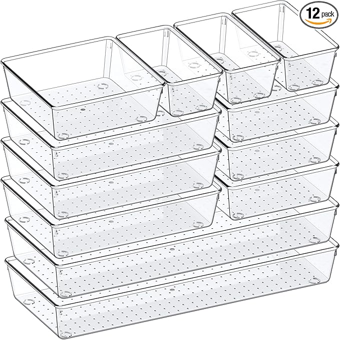 Criusia Drawer Organizer, 12 Pack Clear Plastic Kitchen Drawer Organizers Set by Criusia