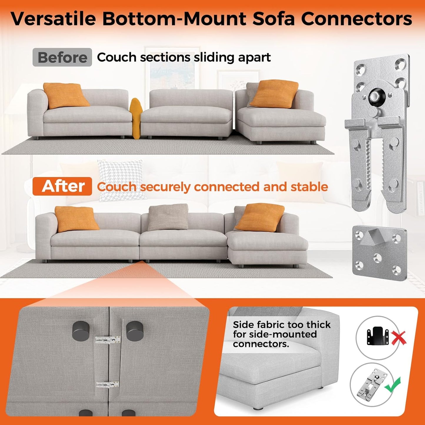 Sectional Couch Connectors, Thickened Interlocking Alligator Couch Connectors to Make Sectional Stay (2 Pack+20 Screws)