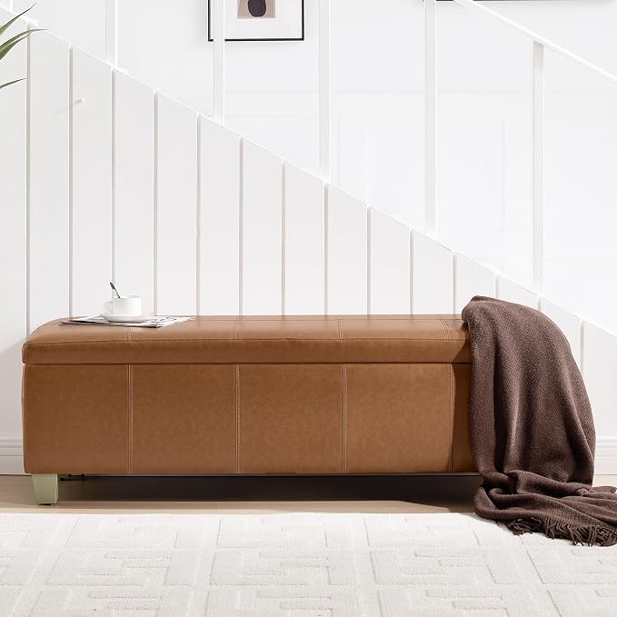 51" Faux Leather Storage Ottoman, Stitch Tufted Rectangle Upholstered End of - Image 6