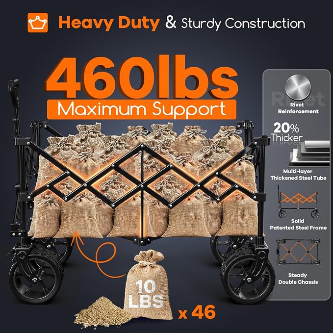 220L Collapsible Wagon Cart Foldable, 460lbs Load Capacity Heavy Duty Folding - Image 4