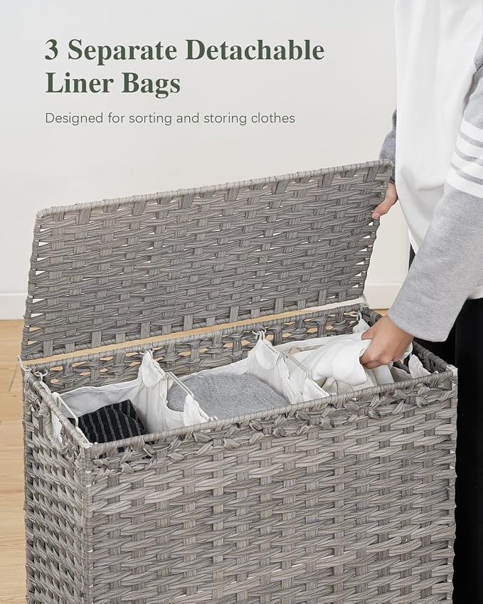 Laundry Hamper with Lid 132 L, Clothes Hamper with Lid, Handwoven Rattan - Image 3