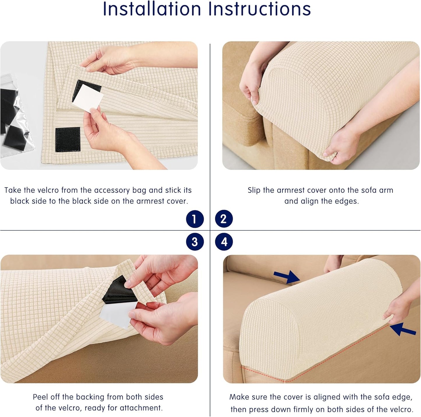 SUBRTEX Stretch Couch Arm Covers Set of 2, Checkered Sofa Arm Slipcovers, Anti-Slip Armrest Covers for Recliner and Armchairs, Pet Proof, High Stretchy, Hook & Loop Tape, Ivory