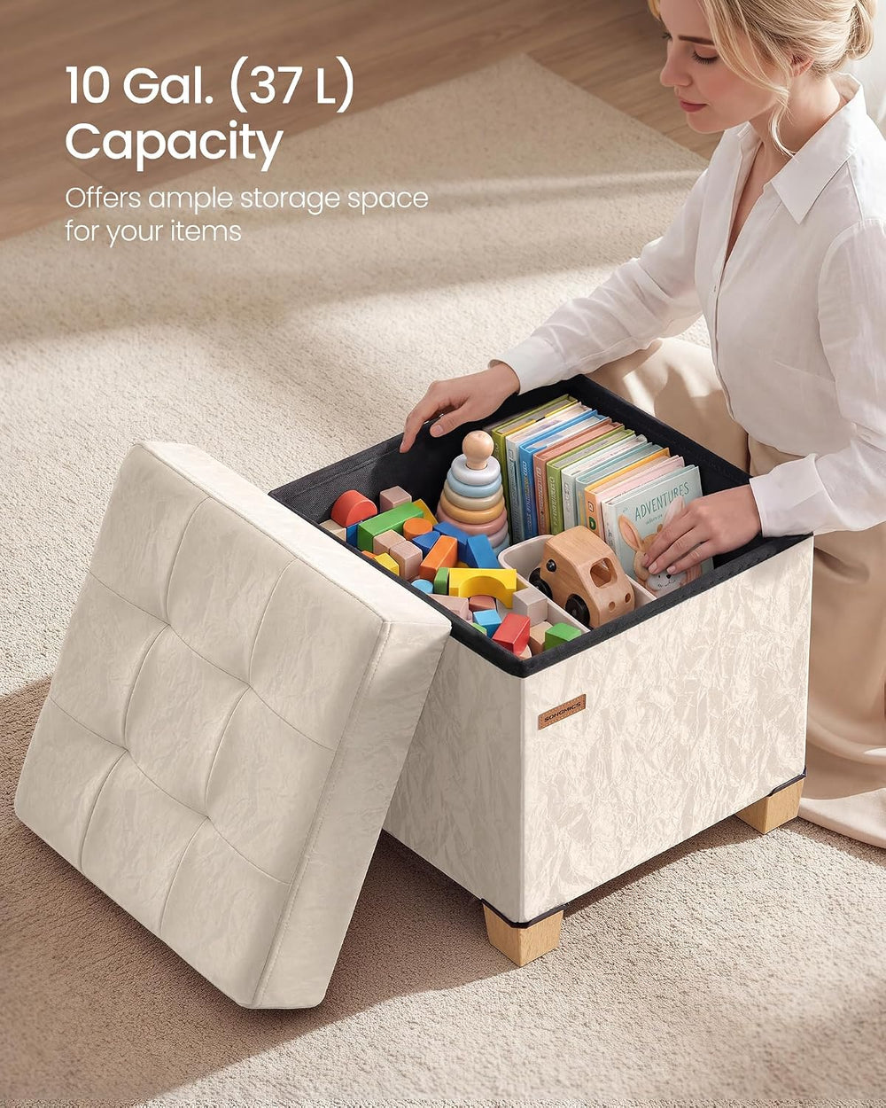 SONGMICS Storage Ottoman, Textured PU Leather Footstool with Cushion