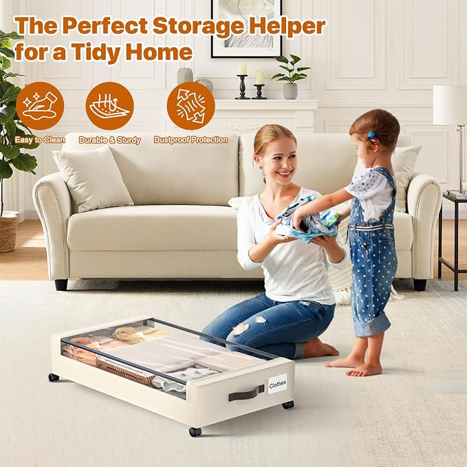 Under Bed Storage with Wheels, 4 Pack Under Bed Storage Containers with Clear - Image 3