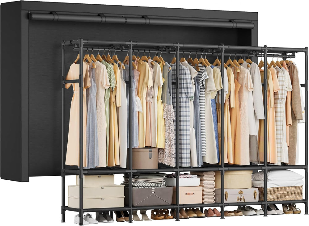 SONGMICS Wardrobe Closet, Fabric Cover, 5 Hanging Rails, 10 Shelves