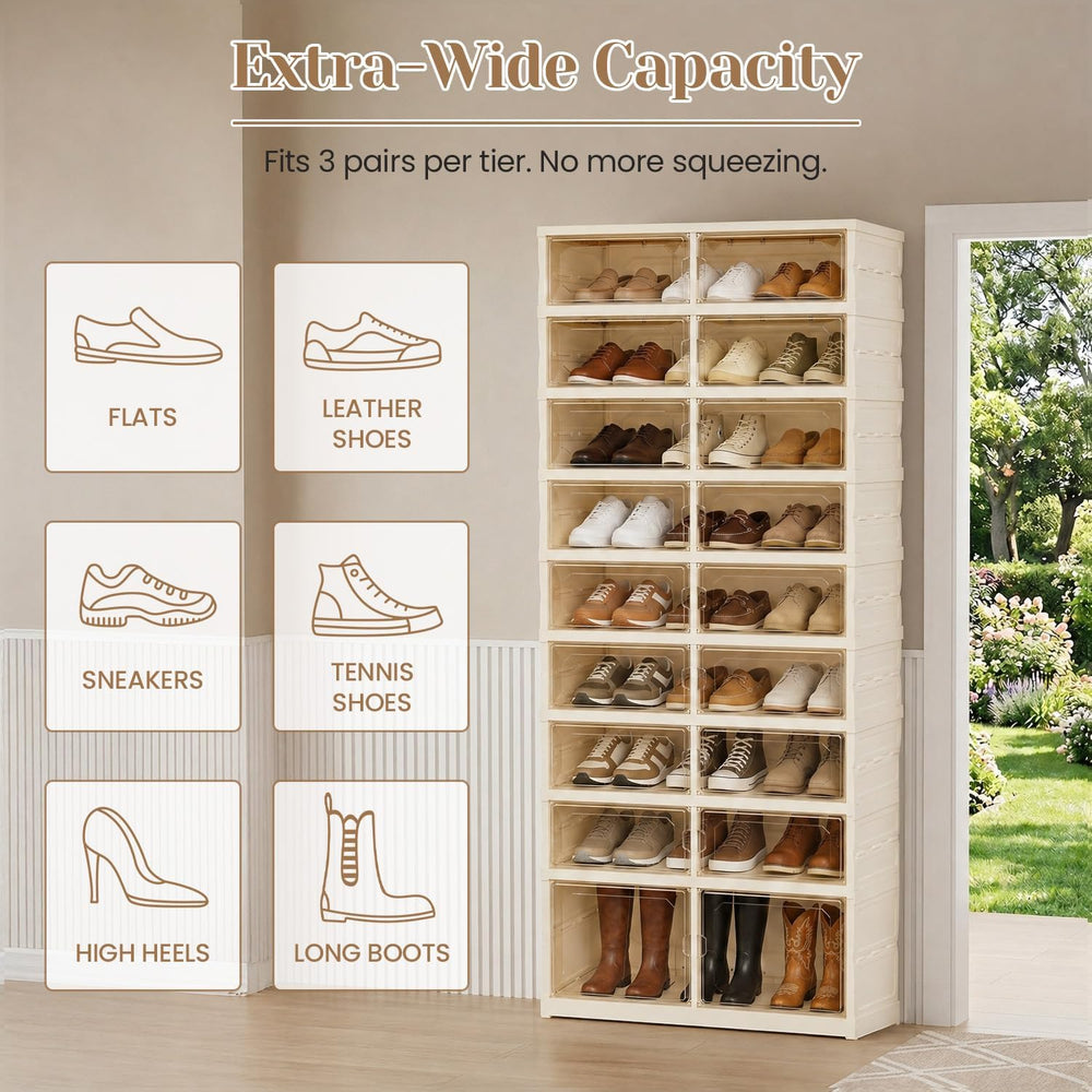 Foldable Shoe Rack, 9-Tier Shoe Storage Cabinet with Clear Doors for Closet