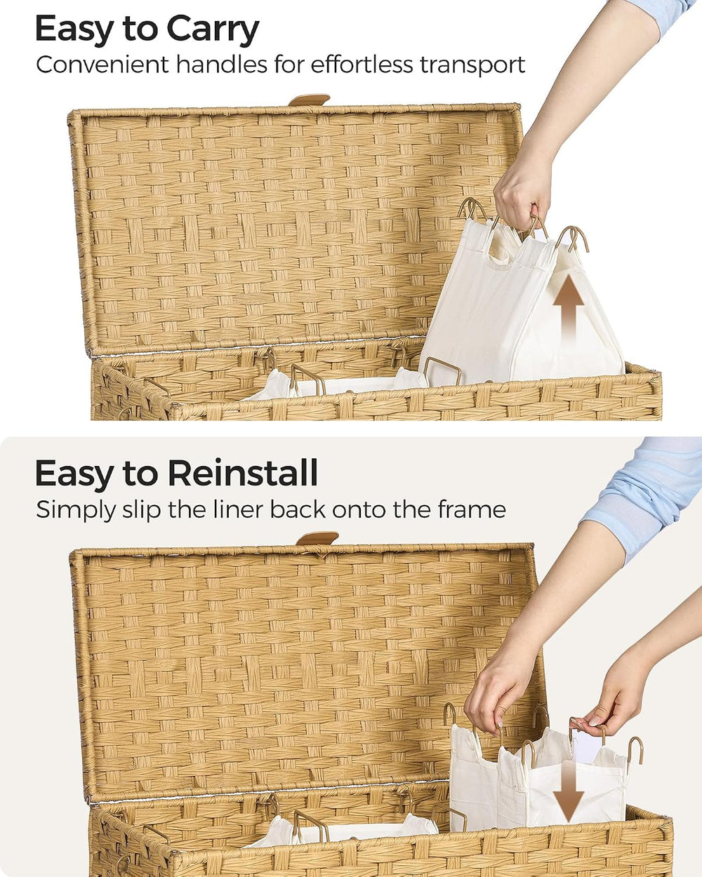 130L Wicker Laundry Hamper with Lid, 3-Section Laundry Basket