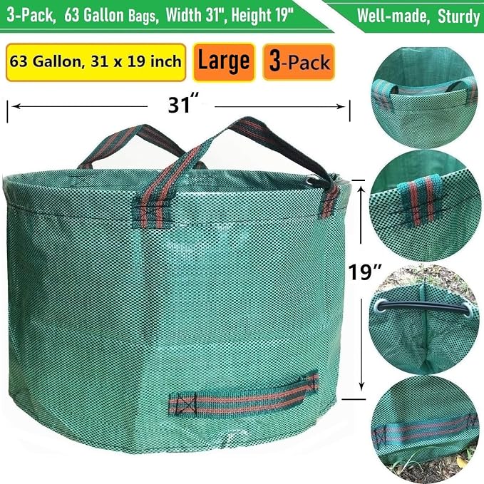 Professional 3-Pack 63 Gallons Lawn Garden Bags Reusable Yard Waste Bag - Image 4