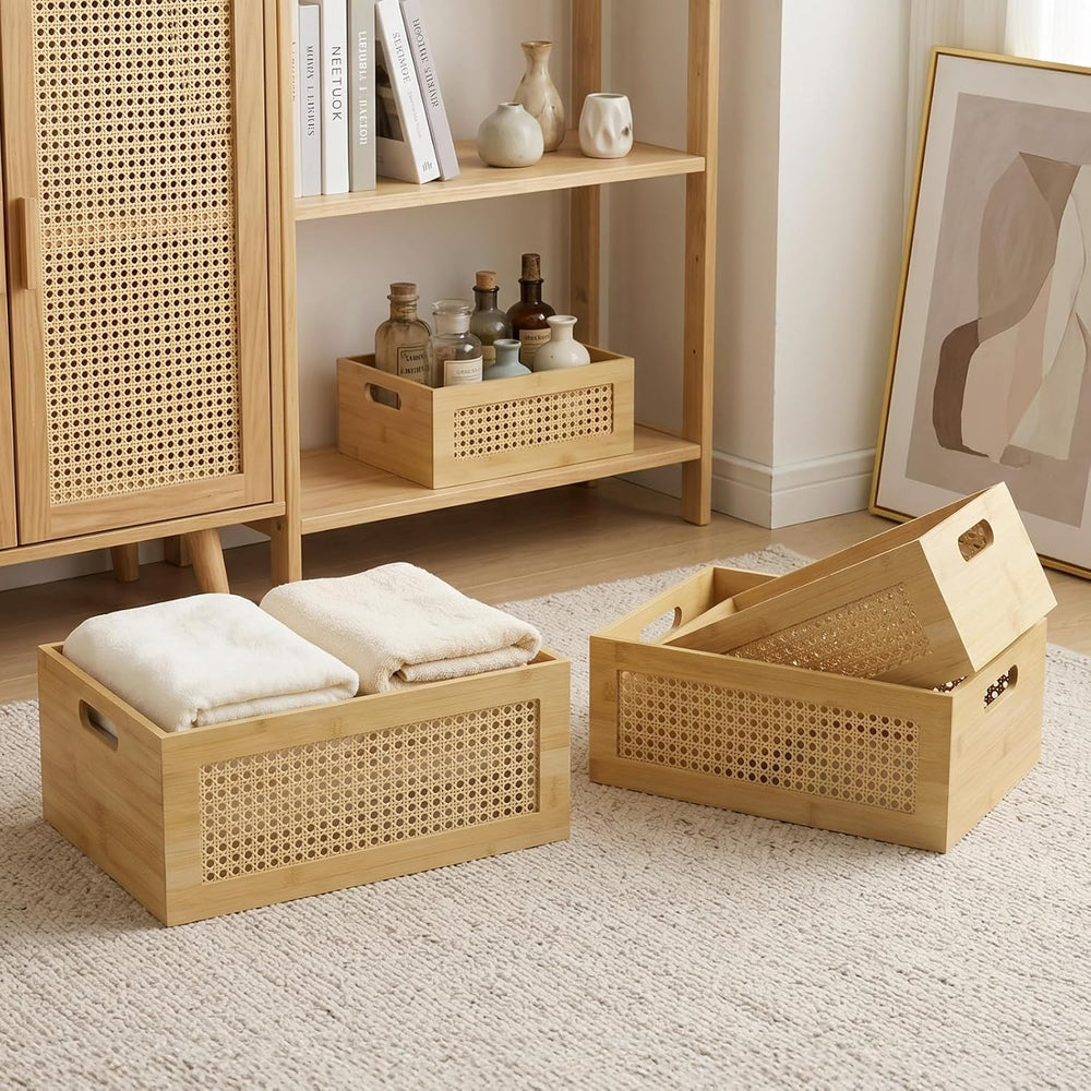 Rattan Wooden Box Set of 4 Handmade Decorative Storage Basket with Handles