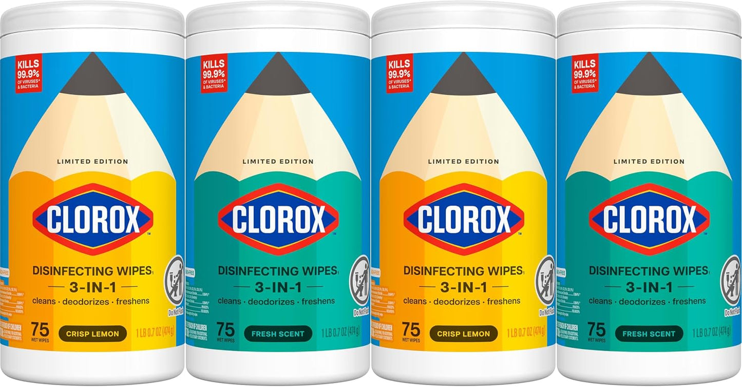 Clorox Disinfecting Wipes Back to School Variety Pack, 75 Count Each, Pack of 4 (Package May Vary)