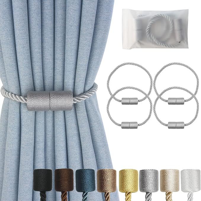 Magnetic Curtain Tiebacks 4 Pack Grey Curtain Rope Tieback Curtain Holders by CURTAINTIEBACKS