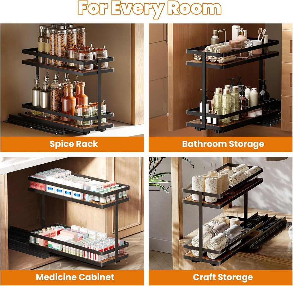 Pull Out Spice Rack 2Pcs Metal & Wood Seasoning Organizer Black