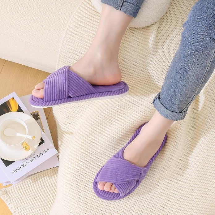 Evshine Summer House Slippers for Women Corduroy Cross Bow Indoor Slippers Open - Image 2