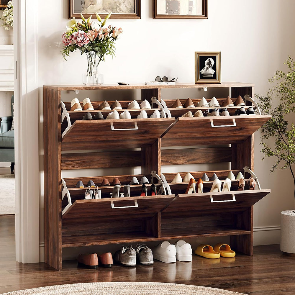 VINGLI Walnut Shoe Cabinet for Entryway, Slim Rustic Shoe Storage Cabinet wit...