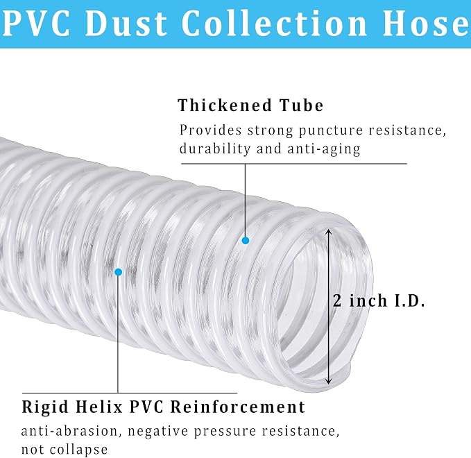 Dust Collection Hose 2 in × 10 ft Heavy Duty Clear Flexible PVC Reinforced - Image 2