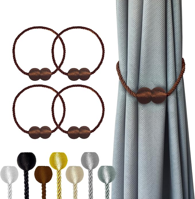 Hion Magnetic Curtain Tiebacks Dark Brown 4 Pack, Curtain Tiebacks Buckles by Hion