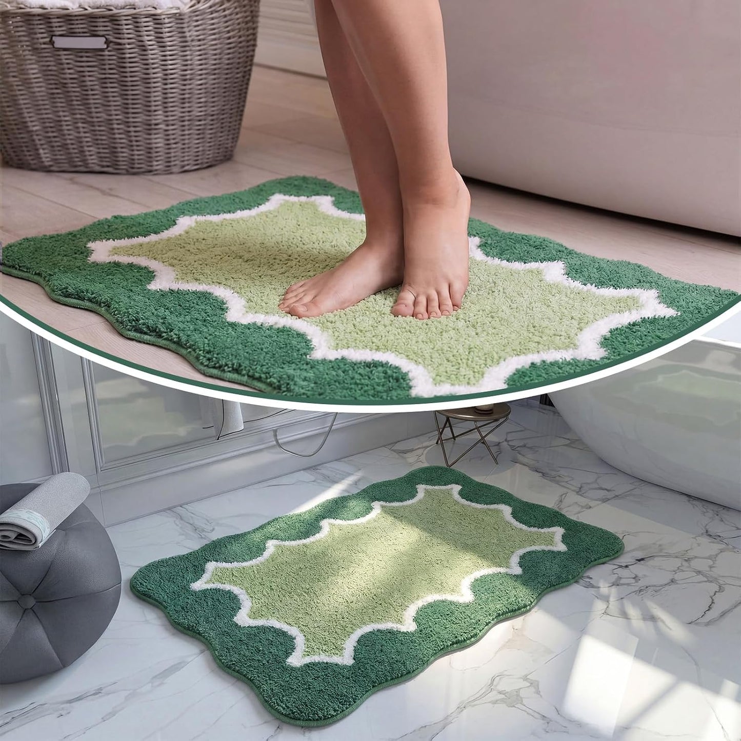 Green Cute Scalloped Bathroom Rug 20"x32" Plush Microfiber Scallop Bathroom Mat Non Slip Absorbent Quick Dry Bath Mat for Shower Room Floor Washable Carpet for Shower Tub Sink Bedroom