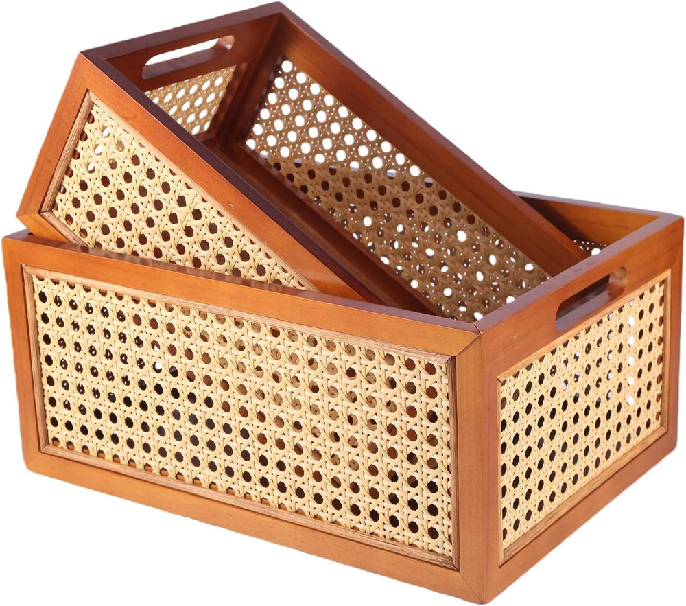 Rattan Storage Baskets Set, Wooden Frame with Woven Cane Design, Nesting Orga...