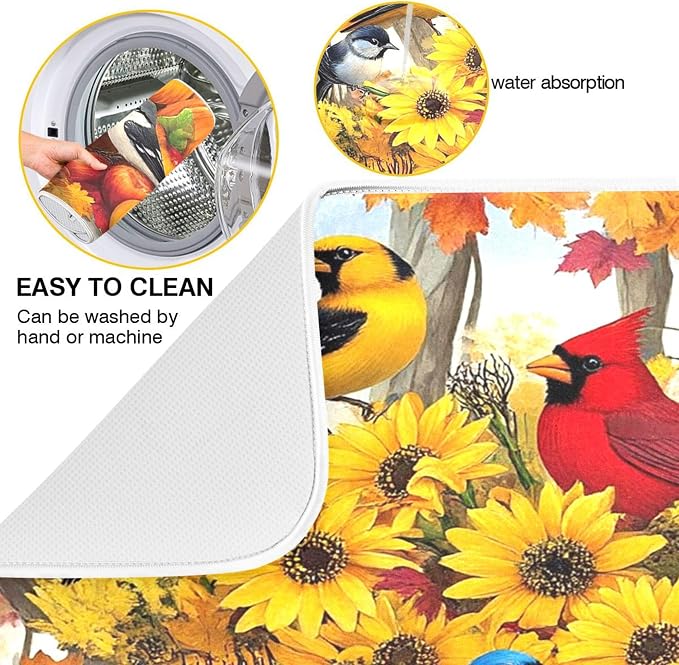 Fall Birds Dish Drying Mat for Kitchen Countertop 18x24 Autumn Pumpkin - Image 2